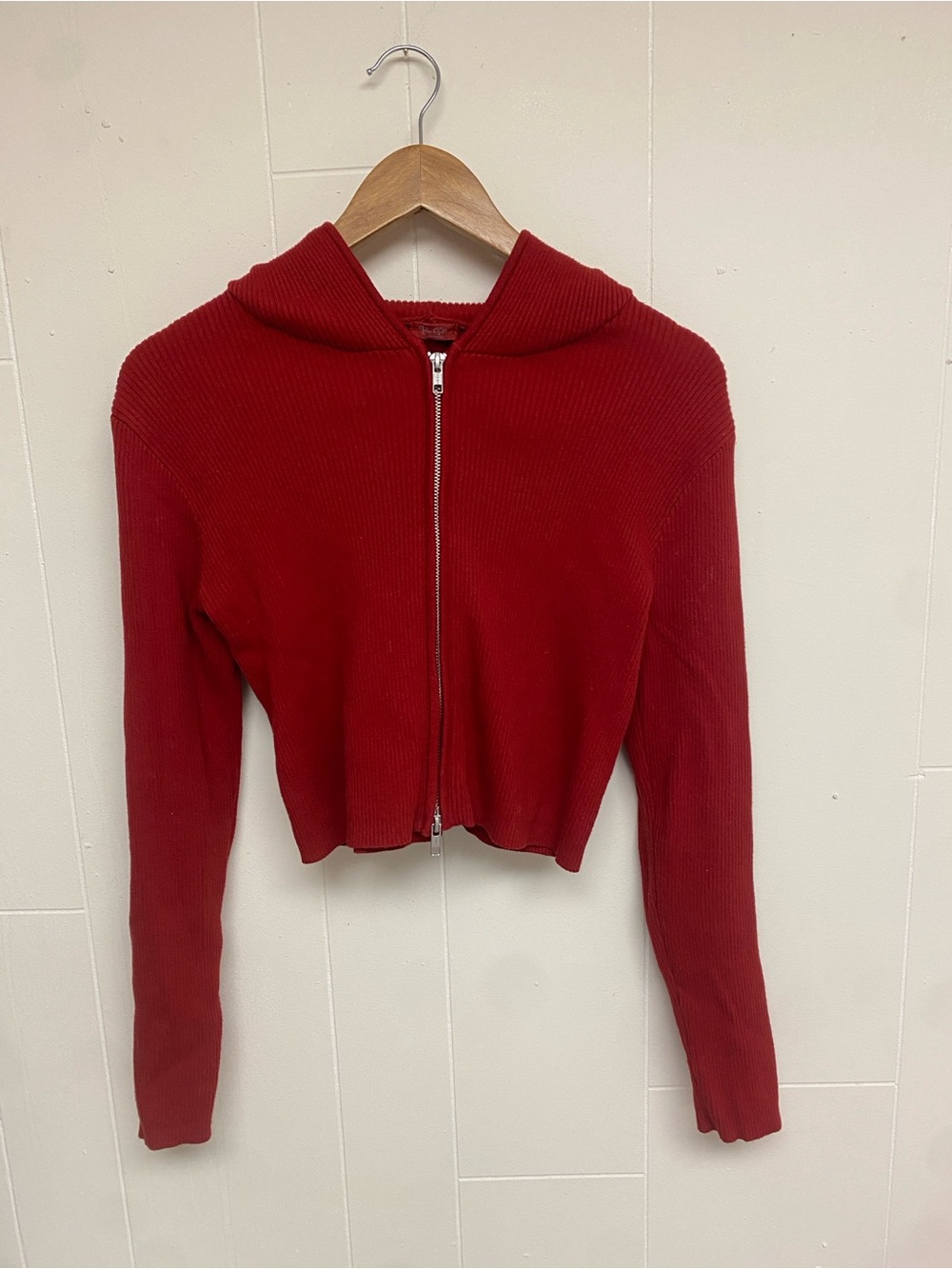 Red Ribbed Zip-Up Hooded Sweater